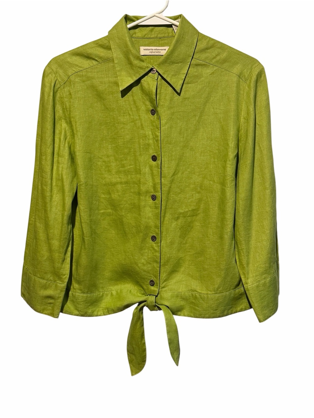 Valerie Stevens Separates Green 100% Linen Tie Waist Button Up Shirt Size S